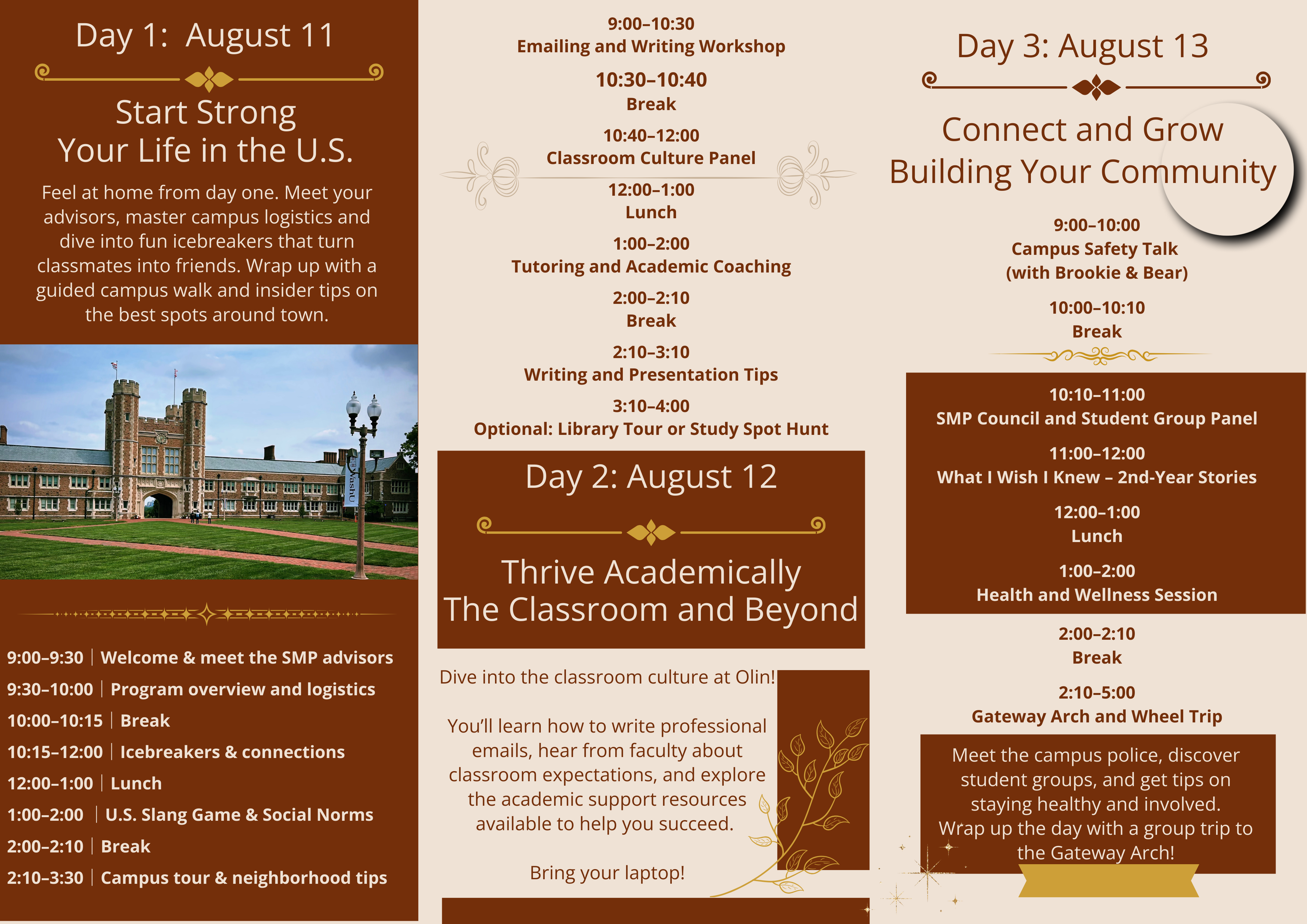 Gateway to Olin SMP GO 正页：日程、校园与 WELCOME TO WASHU OLIN